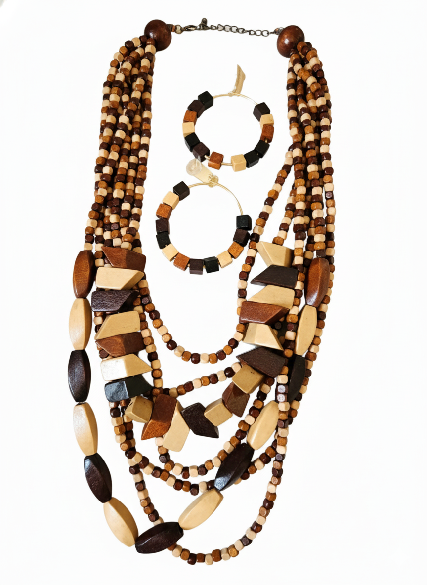 Wooden Statement Necklace And Earrings Set